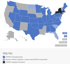 A map of the U.S. showing which states have joined the PsyPact.